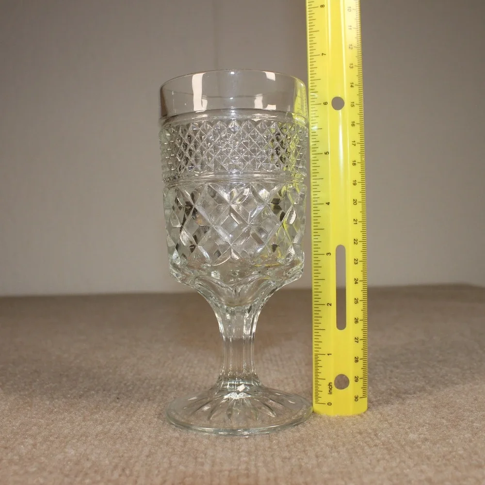 Vintage Clear Pressed Glass Goblet Diamond Cut Pattern Stemware Water Wine Glass